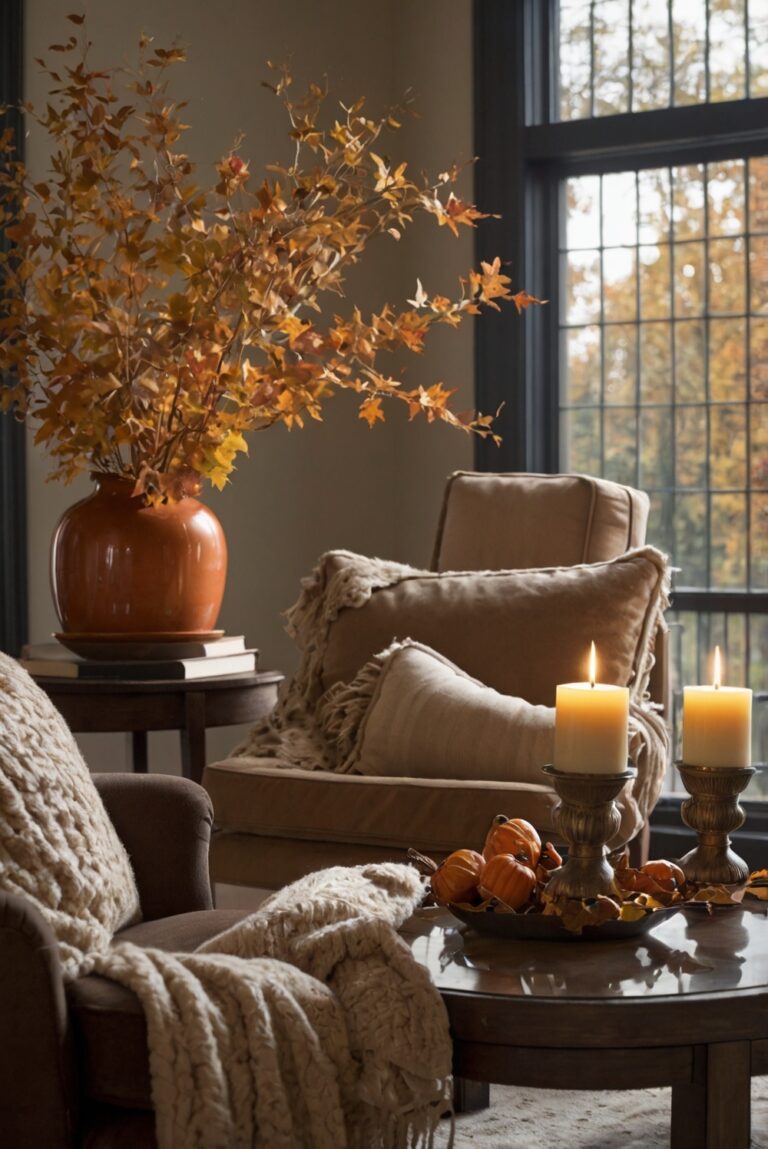 fall themed living room decor, cozy autumn living space, fall season interior design, autumn inspired home decor, stylish fall living room ideas